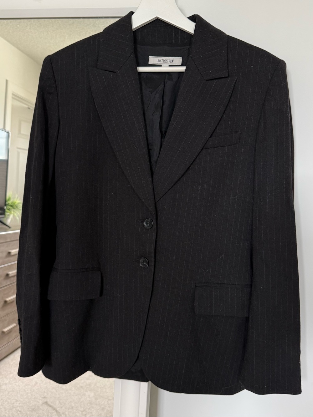 Holt Renfrew Black Pinstripe Two-Button Blazer